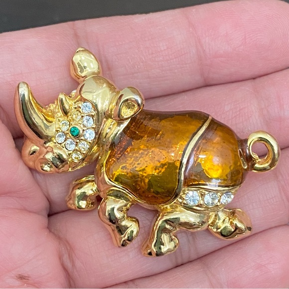 Vintage Regency Accessories Rhinoceros Enamel Rhinestones Brooch - Picture 5 of 11